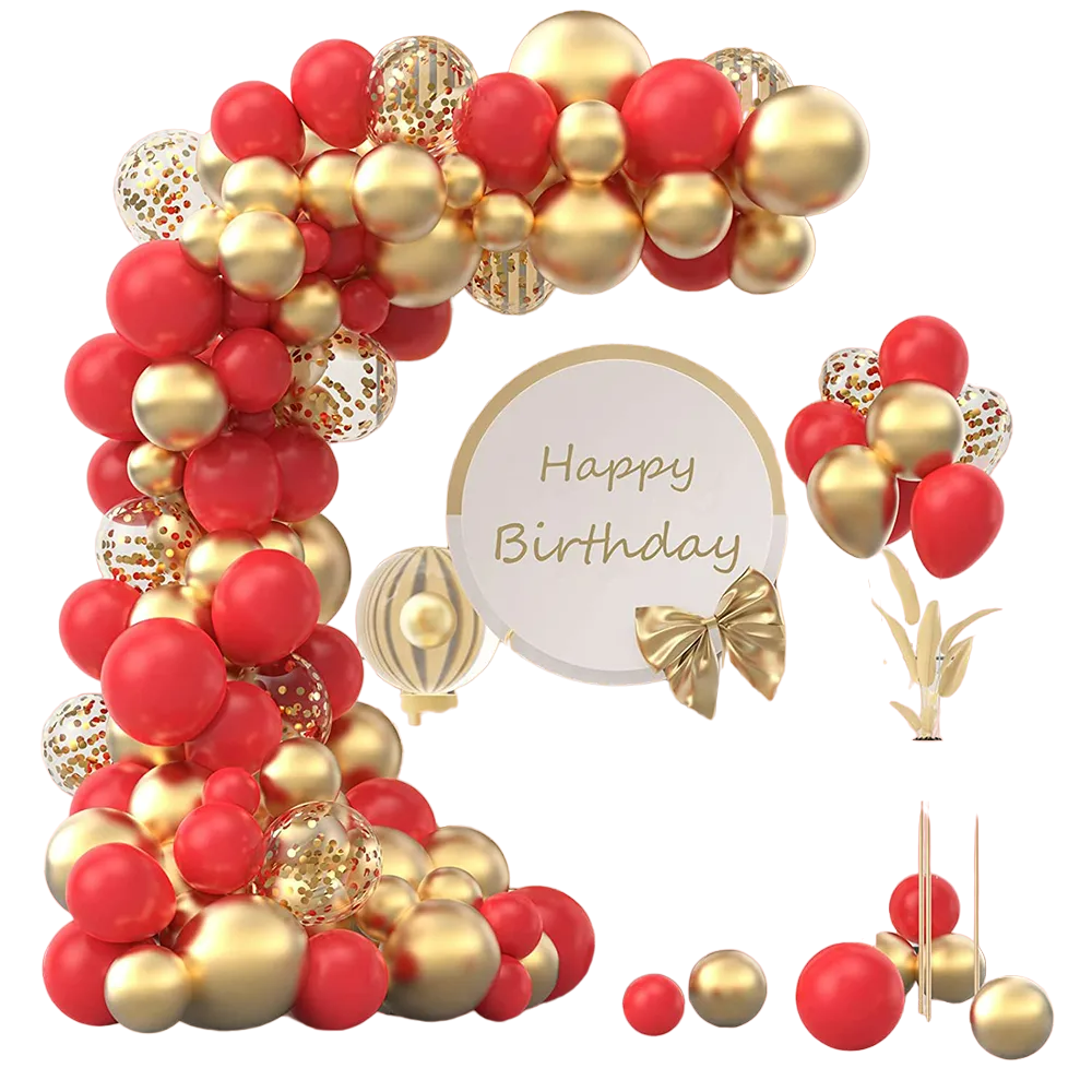 Red & Gold Balloon Arch Garland Kit with Metallic Gold Confetti Balloons-0