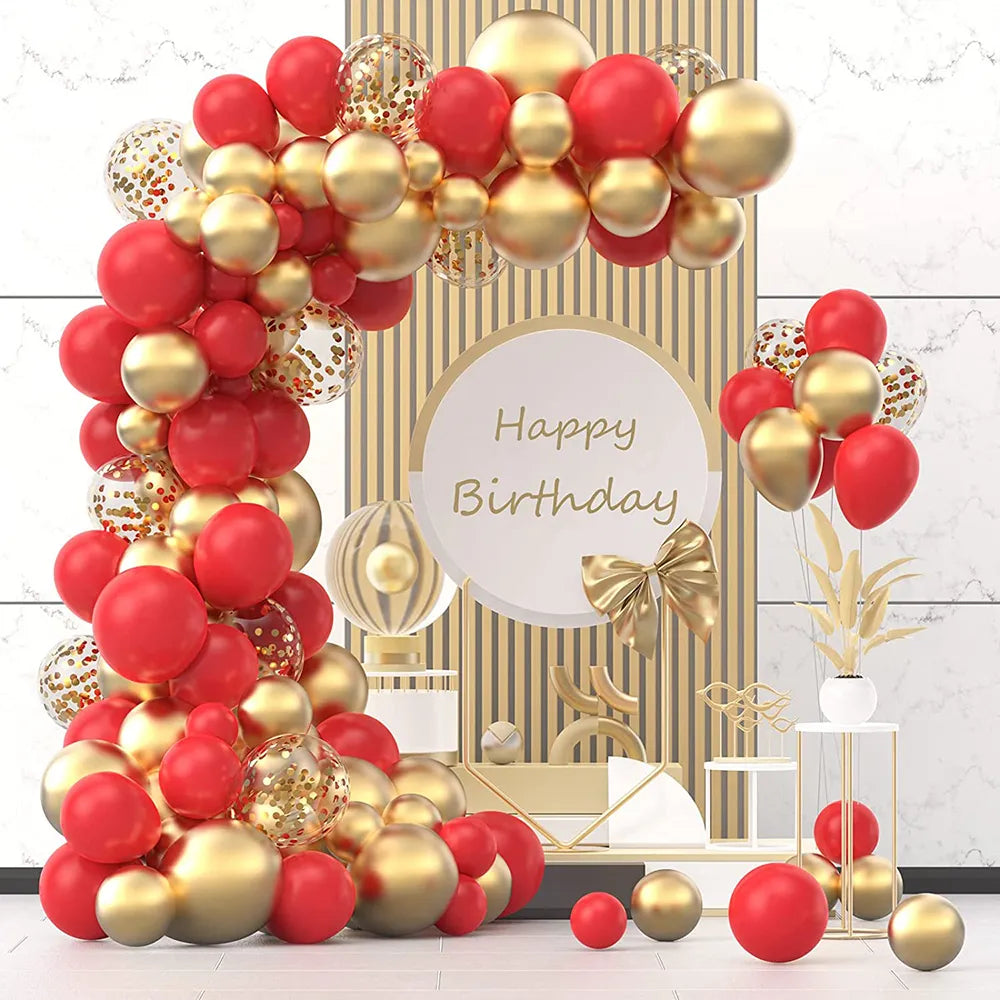 Red & Gold Balloon Arch Garland Kit with Metallic Gold Confetti Balloons-3