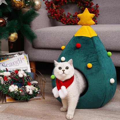 Festive Feline Christmas Tree Cat Bed - Cozy Holiday Retreat For Your Cat-0